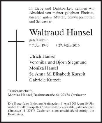 Traueranzeige von Waltraud Hansel von Neue Westfälische