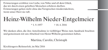 Traueranzeige von Heinz Wilhelm Nieder-Entgelmeier von Neue Westfälische