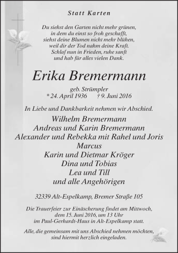 Traueranzeige von Erika Bremermann von Neue Westfälische