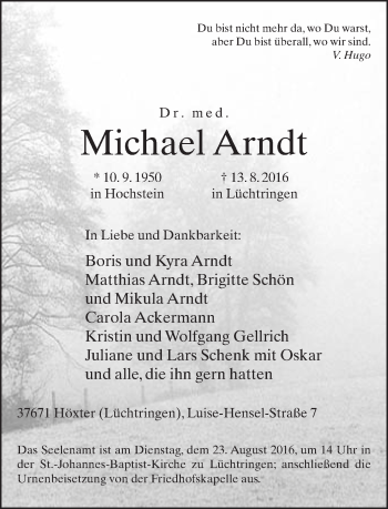 Traueranzeige von Michael Arndt von Neue Westfälische