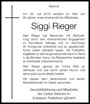 Traueranzeige von Siggi Rieger von Neue Westfälische