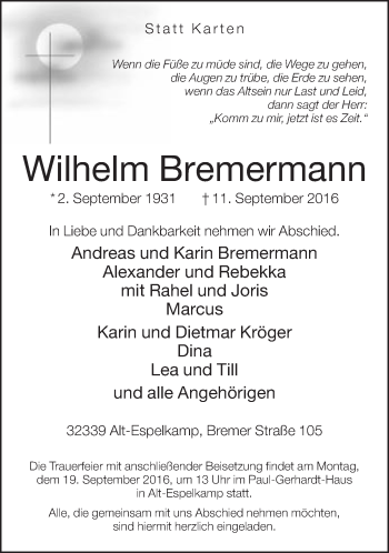 Traueranzeige von Wilhelm Bremermann von Neue Westfälische