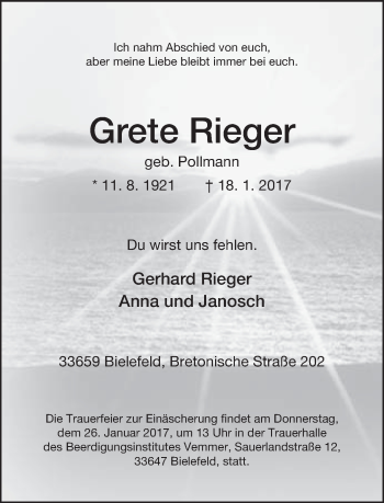 Traueranzeige von Grete Rieger von Neue Westfälische