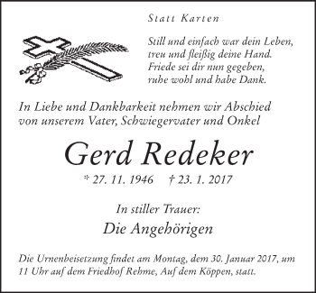 Traueranzeige von Gerd Redeker von Neue Westfälische