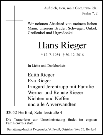 Traueranzeige von Hans Rieger von Neue Westfälische