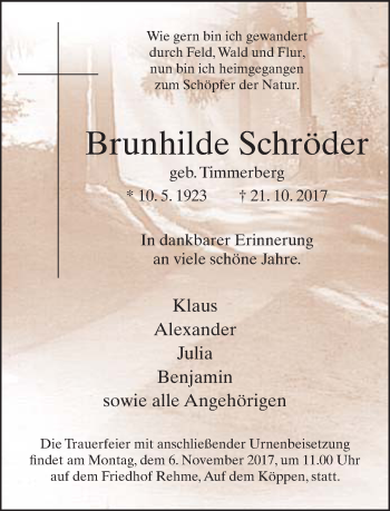 Traueranzeige von Brunhilde Schröder von Neue Westfälische