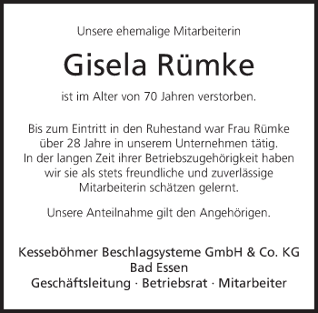 Traueranzeige von Gisela Rümke von Neue Westfälische