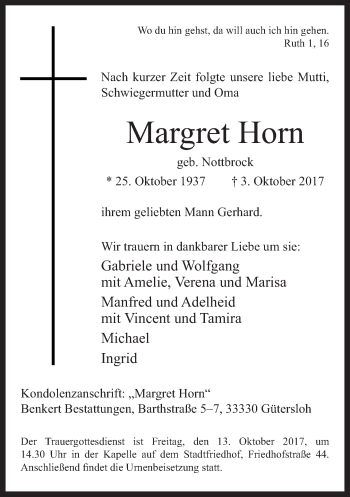 Traueranzeige von Margret Horn von Neue Westfälische