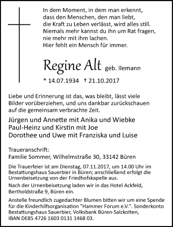 Traueranzeige von Regine Alt von Neue Westfälische