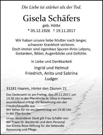 Traueranzeige von Gisela Schäfers von Neue Westfälische