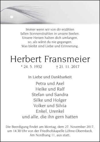 Traueranzeige von Herbert Fransmeier von Neue Westfälische