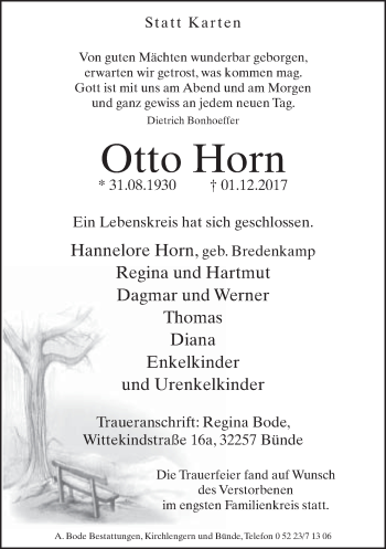 Traueranzeige von Otto Horn von Neue Westfälische