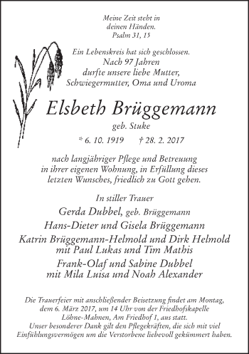 Traueranzeige von Elsbeth Brüggemann von Neue Westfälische