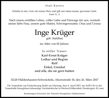 Traueranzeige von Inge Krüger von Neue Westfälische