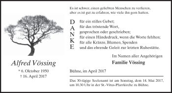 Traueranzeige von Alfred Vössing von Neue Westfälische