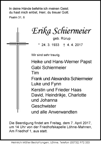 Traueranzeige von Erika Schiermeier von Neue Westfälische