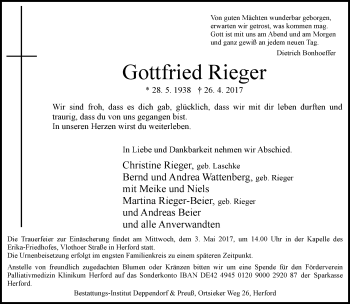 Traueranzeige von Gottfried Rieger von Neue Westfälische