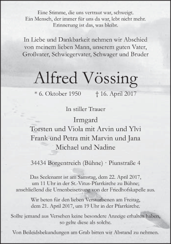 Traueranzeige von Alfred Vössing von Neue Westfälische