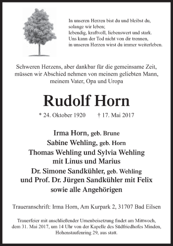 Traueranzeige von Rudolf Horn von Neue Westfälische