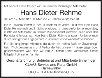 Traueranzeige von Hans Dieter Rehme von Neue Westfälische