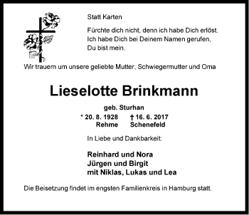 Traueranzeige von Lieselotte Brinkmann von Neue Westfälische