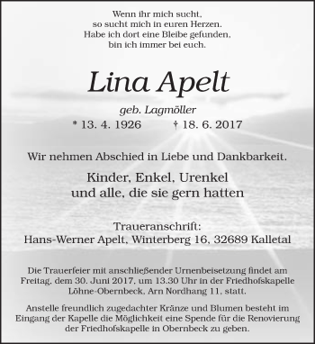 Traueranzeige von Lina Apelt von Neue Westfälische