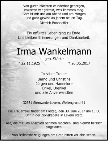 Traueranzeige von Irma Wankelmann von Neue Westfälische