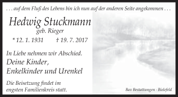 Traueranzeige von Hedwig Stuckmann von Neue Westfälische