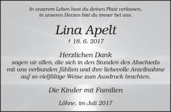 Traueranzeige von Lina Apelt von Neue Westfälische