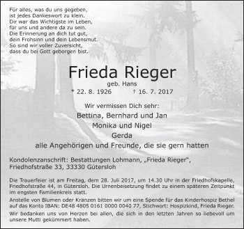 Traueranzeige von Frieda Rieger von Neue Westfälische