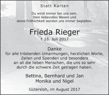 Traueranzeige von Frieda Rieger von Neue Westfälische