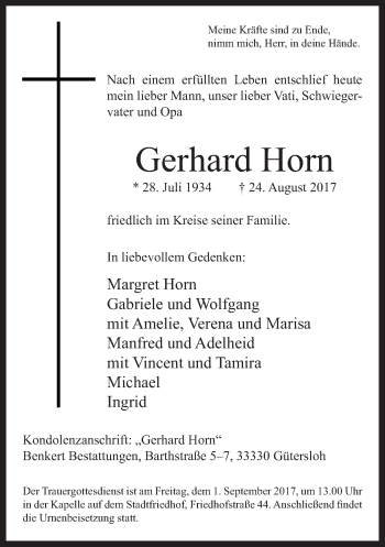 Traueranzeige von Gerhard Horn von Neue Westfälische