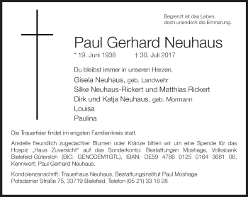 Traueranzeige von Paul Gerhard Neuhaus von Neue Westfälische