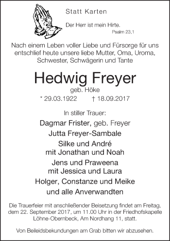 Traueranzeige von Hedwig Freyer von Neue Westfälische