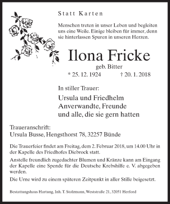 Traueranzeige von Ilona Fricke von Neue Westfälische