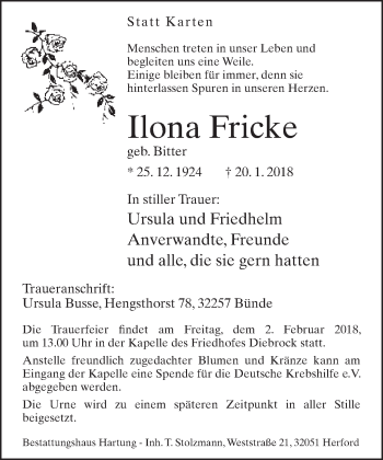 Traueranzeige von Ilona Fricke von Neue Westfälische