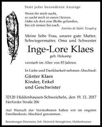 Traueranzeige von Inge-Lore Klaes von Neue Westfälische