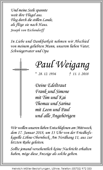 Traueranzeige von Paul Weigang von Neue Westfälische