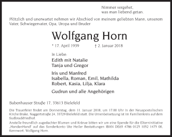 Traueranzeige von Wolfgang Horn von Neue Westfälische