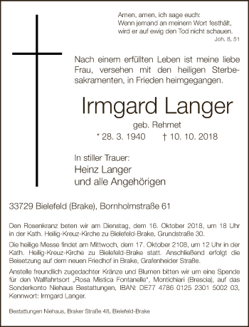 Traueranzeige von Irmgard Langer von Neue Westfälische