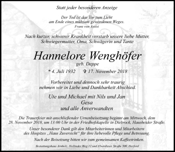 Traueranzeige von Hannelore Wenghöfer von Neue Westfälische