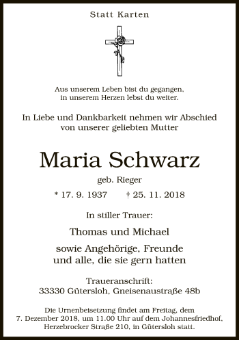 Traueranzeige von Maria Schwarz von Neue Westfälische