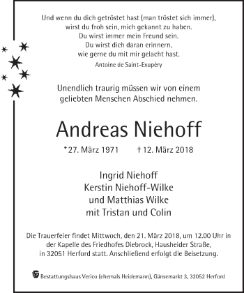 Traueranzeige von Andreas Niehoff von Neue Westfälische