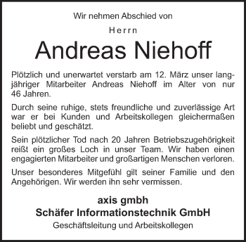 Traueranzeige von Andreas Niehoff von Neue Westfälische