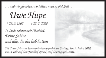 Traueranzeige von Uwe Hupe von Neue Westfälische