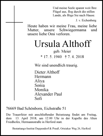 Traueranzeige von Ursula Althoff von Neue Westfälische