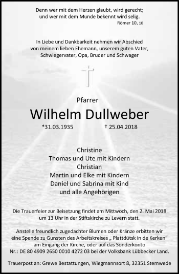 Traueranzeige von Wilhelm Dullweber von Neue Westfälische