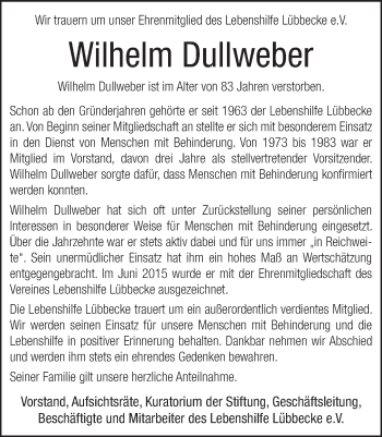 Traueranzeige von Wilhelm Dullweber von Neue Westfälische