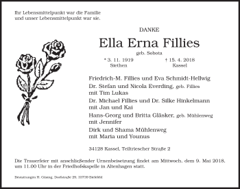 Traueranzeige von Ella Erna Fillies von Neue Westfälische