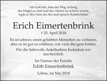 Traueranzeige von Erich Eimertenbrink von Neue Westfälische